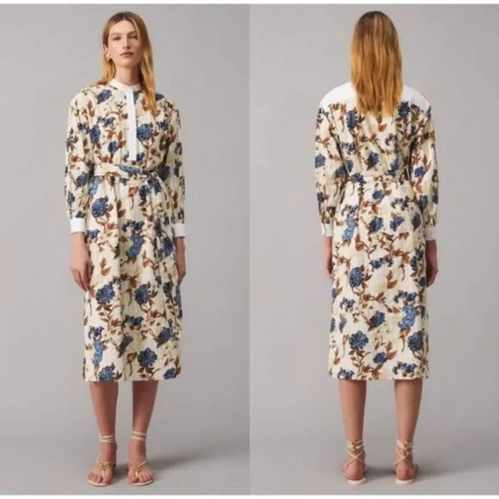 Tory Burch Dress XL Floral Tunic Midi Shirtdress Round Neck Long Sleeve Toile